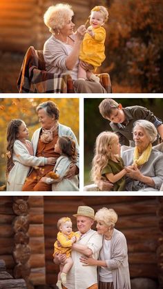 the family is posing for pictures in front of a log cabin with fall leaves on it