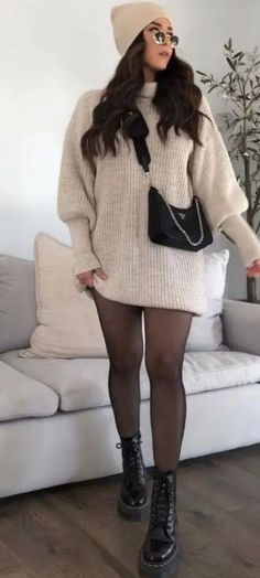 Cold Outfits To Go Out, Panty Hose Outfits Winter, New Years Cozy Outfit, Sweater With Stockings Outfit, Sweater Dress With Stockings Tights, Going Out Outfits 2023 Winter, Casual Bday Outfits Winter, Dresses With Stockings Outfit Fall, Sweater Dress With Thigh High Socks