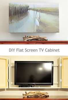 the before and after pictures of a flat screen tv cabinet with driftwood in it