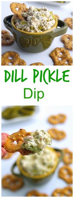 dip in a bowl with pretzels and onion rings on the side to make dill pickle dip