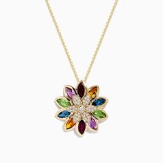 Effy Mosaic 14K Yellow Gold Semi Precious and Diamond Pendant Elegant Multicolor Jewelry With Flower Pendant, Elegant Multicolor Flower Pendant Jewelry, Yellow Stone, Effy Jewelry, Colored Gems, Diamond Pendant, Round Diamonds, Gold Metal, Semi Precious