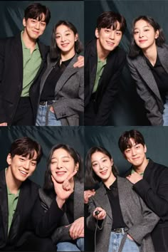 three pictures of two people and one is posing for the camera with their arms around each other