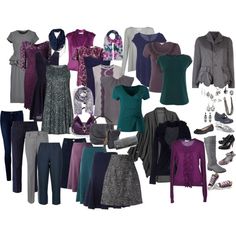 My ideal capsule....inspiration for the pieces and colors I would like.  Navy, grey, purple and teal.  I think if I had this wardrobe I would have something to wear for every occasion. Micro Wardrobe, Mode Ab 50, Capsule Wardrobe Work, Quoi Porter, Purple And Teal, Color Collage, Casual Chique, Minimalist Capsule Wardrobe