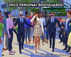 a group of people standing around each other in front of a sign that says deco personal bodyguards