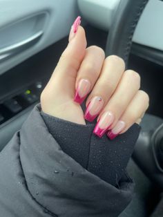 French tips acrylic nails. Got them done for my birthday last month 💞 Nails For Dark Pink Dress, Prom Nails For Fushia Dress, Hot Magenta Nails, Prom Nails For Magenta Dress, Deep Pink French Tip Nails, Raspberry French Tip Nails, Prom Nails Magenta, Magenta Tip Nails, Magenta Nails French Tips