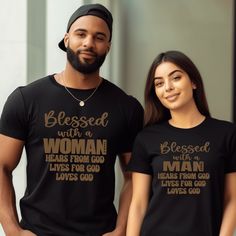 If you're looking for a t-shirt that's not only stylish but also meaningful, look no further than our Christian themed t-shirts. Our store offers a variety of designs that incorporate uplifting messages, Bible verses, and Christian symbols, all printed on high-quality t-shirts that are both comfortable and durable. These t-shirts are perfect for casual wear or for sharing your faith with others. Come visit our store and find the perfect t-shirt that will not only make you look good but also make a positive impact on those around you.  Get yours today!! * Bella Canvas / Next Level T-Shirt * Set in 1x1 rib collar *Quality double stitched hems to keep shirt smooth after excessive washings. *T-Shirt is professionally pressed with a Commercial Grade Heat Press. *Machine wash inside out in cold Date Night Couple, Engagement Shirts, Christian Couple, Christian Couples, Engaged Shirts, Couple Tees, Valentines Day Couple, Night Couple