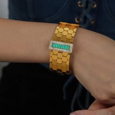 VINTAGE PALACE STYLE DIAMOND INLAID HONEYCOMB DESIGN BRACELET – MANDUORAN Vintage Palace, Green Bracelet, Bangle Ring, Design Bracelet, Honeycomb Design, Black Bracelet, Stainless Steel Bangles, Black Bracelets, Just Because Gifts