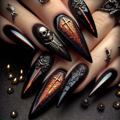 Scary Halloween Nails, Holloween Nails, Witchy Nails, Halloween Acrylic Nails, Gothic Nails, October Nails, Goth Nails, Pretty Nail Art Designs, Nail Swag