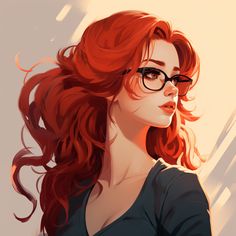 a woman with long red hair and glasses