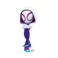 an animated character with pink eyes and purple hair, standing in front of a white background