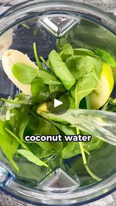 a blender filled with green leaves and fruit