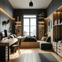 a bedroom with black walls and wooden flooring, built - in shelving units