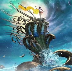 a woman standing on top of a giant snake in the ocean