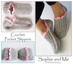 the crochet slippers are made from yarn and have pink trimmings