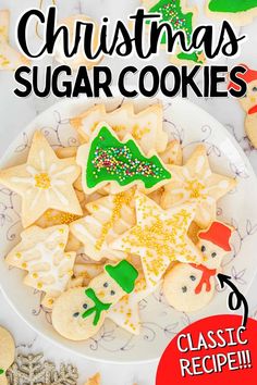 christmas sugar cookies on a white plate with the title overlay reads, christmas sugar cookies classic recipe