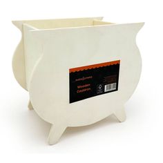 a white wooden container with an orange label on the front and back side, sitting on a white surface