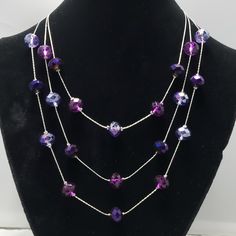 Amethyst Color Crystal Multi Layer Graduated Necklace With Silver Chain 18 Inch With 3 Inch Extender 3 Row Necklace Silver Amethyst Necklaces For Party, Purple Sterling Silver Necklace For Party, Multicolor Adjustable Amethyst Necklace, Silver Amethyst Single Strand Necklace, Purple Multi-strand Beaded Necklace, Elegant Multi-strand Purple Beaded Necklaces, Adjustable Multi-strand Purple Beaded Necklaces, Jewelry Purple, Graduation Necklace