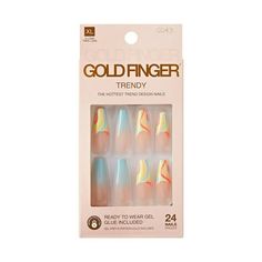 Gold Finger Trendy Nails Kit features 24 pieces of fashionable design nails made of high-quality ABS material for long-lasting wear. Glue on nails perfect for daily wear or special occasions, this nail kit offers easy application and durability. Kit contains: 24 Pcs The Hottest Trend Design Nails, Pink Gel Glue 2mL, and Manicure Stick Made with high-quality ABS material, they won't easily chip, break or fade; strong enough to last for 1-3 weeks if using glue Simply choose the right sizes, apply Nails Kit, Kiss Nails, Gel Glue, Pink Gel, Design Nails, Nails Pink, Clean Nails, Nail Polish Remover, Artificial Nails