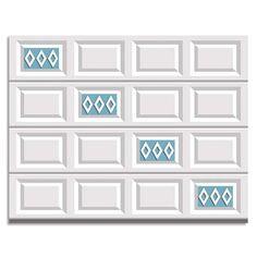 a white and blue wall with some squares on the bottom, and one square in the middle