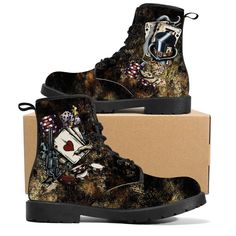 ABOUT THE DESIGN: Steampunk Poker Themed Boots Main Background Rustic Black with Golds and browns. Poker themed images displayed on all the panels 100% vegan friendly faux leather material High-quality rubber outsole with EVA foamed insole Fully waterproof perfect for outdoors Low back heel about an inch height INSTRUCTIONS FOR CHECKOUT: 1.Pick your size (Unless stated all shoes are UK sizes as standard) 2. Provide your foot measurements for accurate fitting Please follow the guides: Measure the Fitted Punk Moto Boots With Round Toe, Gothic Black Moto Boots For Festival, Black Steampunk Moto Boots With Rivets, Fitted Black Punk Moto Boots, Black Steampunk Moto Boots For Fall, Steampunk Black Moto Boots For Fall, Punk Moto Boots For Halloween, Grunge Boots With Rivets For Halloween, Grunge Halloween Boots With Rivets