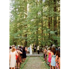 a wedding ceremony in the woods surrounded by people