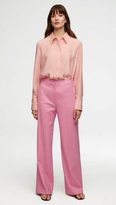 Womens Wool Pants, Slim Blouse, Trousers Details, Single Button Blazer, Fitted Blouses, Pink Pants, Silk Charmeuse, Classic Outfits, Blazer Buttons