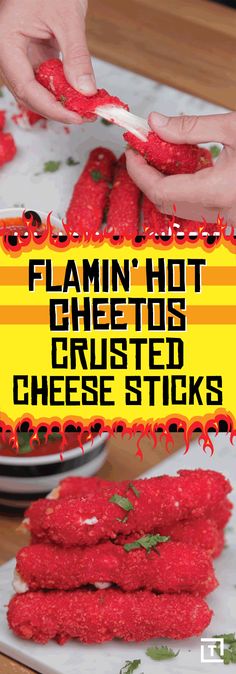 a person is cutting up some food on a board with the words flaming hot cheetos cruisted cheese sticks