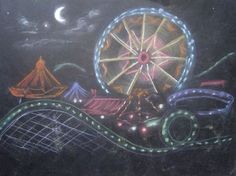 a chalk drawing of a ferris wheel and other things in the dark with a moon behind it