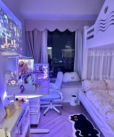 a bedroom with white furniture and purple lighting