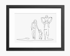 a black and white drawing of two people holding hands with a dog in front of them