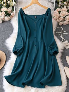 Teal Blue Casual  Long Sleeve Polyester Plain A Line Embellished Non-Stretch Spring/Summer Plus Size Dresses A Line Dress Casual Simple Indian, Plain Dresses Designs, Stylish Short Dresses Summer Outfits, Western Dresses For Girls Casual, Casual Blue One-piece Dress, Casual Blue Dresses For Eid, Blue Tunic Dress For Eid, Simple Dress Styles, Latest Maxi Dresses