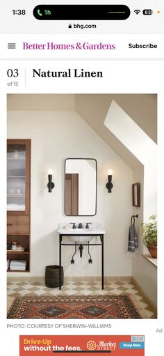 a bathroom with a sink and mirror on the front cover of an article about better homes & gardens