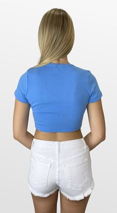 Perfect little tee - wear this one every day! A cute little ribbed knit cropped tee with a banded V-neckline and short sleeves is the perfect addition to your closet. Pair it with any bottoms for a comfortable and polished look. Color- Light Blue (Also Available in Orange, Royal, Green, Red, and Tan) 95% Polyester 5% Spandex Royal Green, Red Green Yellow, Cropped Tee, Black Party, Knit Crop, Everyday Dresses, Romper Pants, Short Rompers, Crop Tee