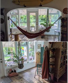 there are pictures of the inside of a house with hammocks and plants in it