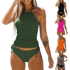 Achieve an on-trend look this season in this two-piece tankini set made from a soft and comfortable fabric with ruched sides and a drawstring halter neck for a perfect fit. A stylish combination of elegance and edge, it's sure to become a staple of your summer wardrobe. Fitted Drawstring Tankini For Swimming, Stretch Tankini With Drawstring For Swimming, Fitted Tankini With Drawstring And Tie-side Bottom, Fitted Tankini With Drawstring For Pool, Fitted Drawstring Tankini For Pool, Sleeveless Stretch Tankini With Drawstring, Stretch Ruched Halter Neck Tankini, Stretch Sleeveless Tankini With Drawstring, Drawstring Tankini For Swimming