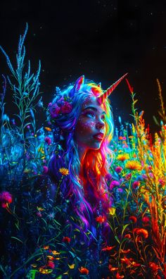 a woman with long hair and unicorn makeup is surrounded by flowers in the night sky