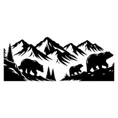 two bears in the mountains with trees and snow on them silhouetted against a white background