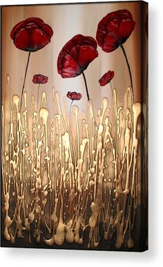 three red flowers are in the middle of an abstract art work with white and brown paint