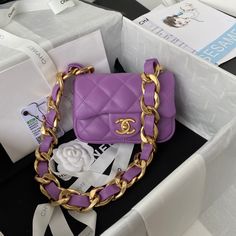 ChanelMini Flap Bag Purple For Women Chanel Mini Flap Bag, Designer Clutch Bags, Chanel Mini, Luxury Wallet, Mini Tote Bag, Purple Bags, Chanel Bags, Mini Tote, Leather Chain