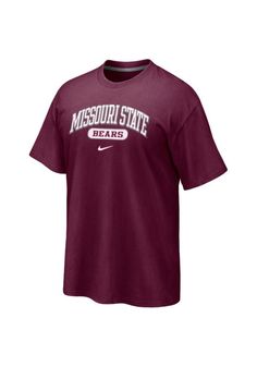 Show off your team pride in this Missouri State Bears Maroon Bears Nike Short Sleeve T Shirt! This MO State Short Sleeve Tee features a screen printed team wordmark. Make sure everyone knows you root for the Bears with this Maroon MO State T Shirt. Go Bears! Ring spun, combed cotton jersey, Rib knit collar with interior taping, Open sleeve hem, Athletic fit, Tagless crew neck collar, Screen print graphic, Unisex, Fit: True to Size, 100% Cotton, Machine washable, Imported Nike Crew Neck T-shirt For College, Nike Collegiate Crew Neck T-shirt, Nike Crew Neck T-shirt With Letter Print, Nike Letter Print Crew Neck T-shirt, Nike T-shirt With Text Print And Crew Neck, Collegiate Embroidered Crew Neck T-shirts, Nike Casual T-shirt For Fan Gear, Nike Casual T-shirt For Fans, Nike College Tops With Logo Print