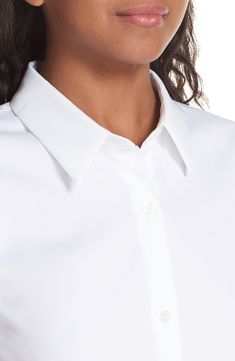 A crisp spread collar and smooth French placket bring polished sophistication to a versatile blouse cut from a pristine stretch-cotton blend. 27" length (size Medium). Spread collar. French placket. one-button cuffs. Back yoke. Curved hem. Semi-sheer. 72% cotton, 23% nylon, 5% Lycra® spandex. Dry clean. By Theory; imported. Individualist. Teenage Party, Blazer Ideas, Punk Outfit, Chic Blazer, Theory Dress, Blouse Nordstrom, Blouse Dress, Stretch Cotton, Cotton Blend