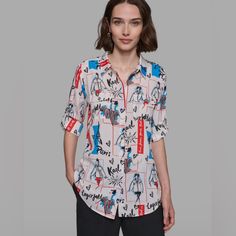 Nwt Multi Colored Paris Scene Blouse Button Down. Karl Lagerfeld Paris, Karl Lagerfeld, Multi Colored, Top Blouse, Blouses, Womens Tops, Paris, Red, Women Shopping