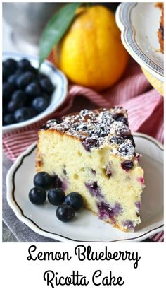 a slice of lemon blueberry ricotta cake on a plate