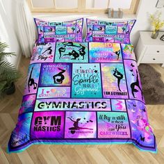 a bed covered in a colorful comforter with gymnastics pictures on it and the words, i can do all things