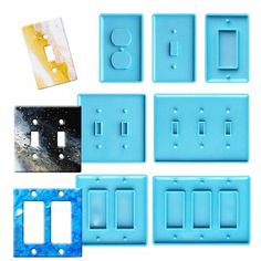 six light switch plates and one outlet cover in blue with marbled design on white background