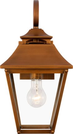 an outdoor light fixture with a wooden frame and clear glass on the top, against a white background