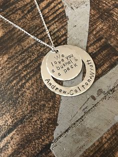 "Mom Necklace Mothers Day Gift Love you a Bushel & a Peck Necklace New Mom Gift Handstamped Necklace Personalized Jewelry Quote Necklace Grandma Necklace *\"We love you a Bushel & a Peck\" handstamped necklace with child's names. This necklace makes a loving gift to any member of your family or friends. * A 1\" Stainless Steel disc stamped with \"Bushel & Peck\" quote * A 1.5\" Stainless Steel Washer stamped with \"names\" of choice(up to 6) * A 18\" in Sterling Silver Plated chain a Hand Stamped Necklace For Anniversary And Father's Day, Father's Day Anniversary Hand Stamped Necklaces, Hand Stamped Necklace For Anniversary On Father's Day, Father's Day Anniversary Hand Stamped Necklace, Stamped Jewelry For Father's Day Anniversary, Valentine's Day Stamped Jewelry For Anniversary, Stamped Pendant Necklace For Valentine's Day, Stamped Jewelry For Valentine's Day Anniversary, Stamped Round Pendant Necklace For Valentine's Day