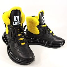 100% Leather Imported Polyurethane Sole Hand Made In Italy By Loriblu Leather Upper Faux Fur Lining Plastic Sole Winter Leather Platform Sneakers, Sporty Yellow Boots With Round Toe, Black Leather Fashion, Ankle Sneakers, Black N Yellow, Leather Fashion, Bootie Boots, Faux Fur, Leather Upper