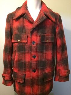 Preowned vtg men's 1940s 50s wool shadow plaid red black buffalo check pattern hunting camping work wear coat. Classic retro old school 7-snap and conmar zipper pockets and elastic inner cuffs. Camp cabin lumberjack outdoor jacket mackinaw cruiser similar to Penneys, Johnson, Eddie Bauer "style". Possibly Woolrich. Worn, flannel lining appears replaced, otherwise, good condition, see pics. No label or size tag. Measures like large. Pit-pit 23.5". Collar seam down back to bottom edge 29.5". Back Vintage Single Breasted Long Sleeve Outerwear, Long Sleeve Outerwear With Button Closure In Vintage Style, Vintage Single-breasted Long Sleeve Outerwear, Vintage Style Pea Coat With Pockets For Work, Vintage Pea Coat With Pockets For Workwear, Vintage Single Breasted Pea Coat For Fall, Vintage Pea Coat With Lapel Collar For Fall, Vintage Long Sleeve Pea Coat With Pockets, Vintage Single Breasted Fall Pea Coat