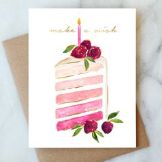 a card with a watercolor cake and flowers on it